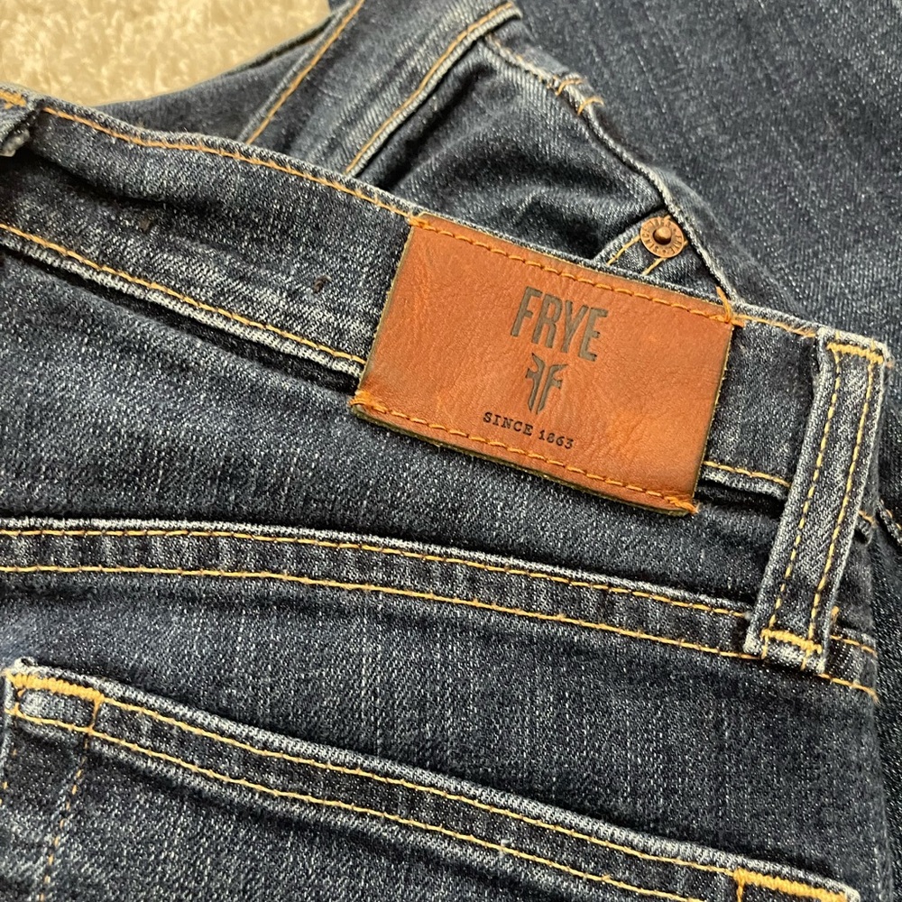 Frye Blue Denim Jeans with Contrast Stitching and Leather Patch